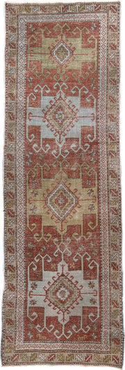 3' x 10' one-of-a-kind handmade vintage NW Persian runner rug. Color palette: rust, ivory, olive, taupe, rose, brown