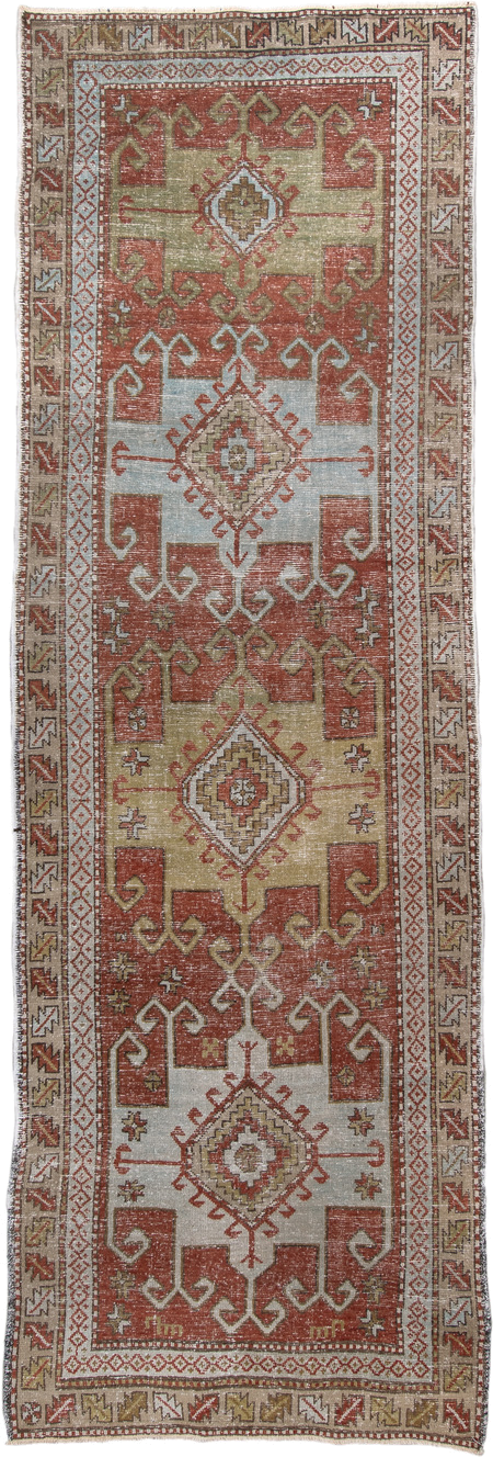 3' x 10' one-of-a-kind handmade vintage NW Persian runner rug. Color palette: rust, ivory, olive, taupe, rose, brown