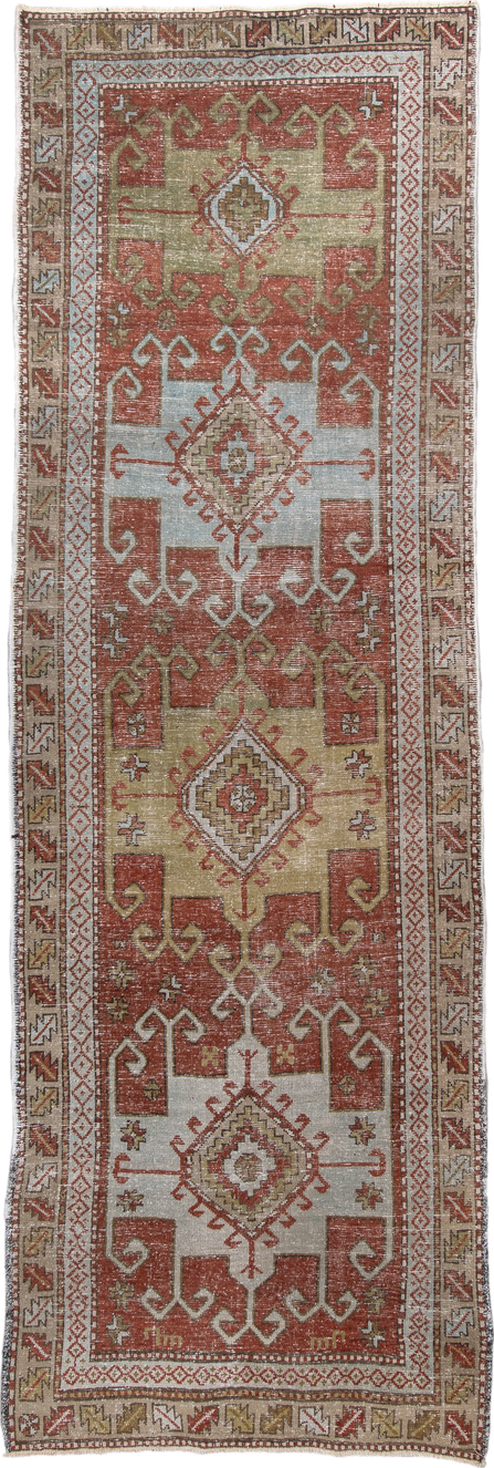 3' x 10' one-of-a-kind handmade vintage NW Persian runner rug. Color palette: rust, ivory, olive, taupe, rose, brown