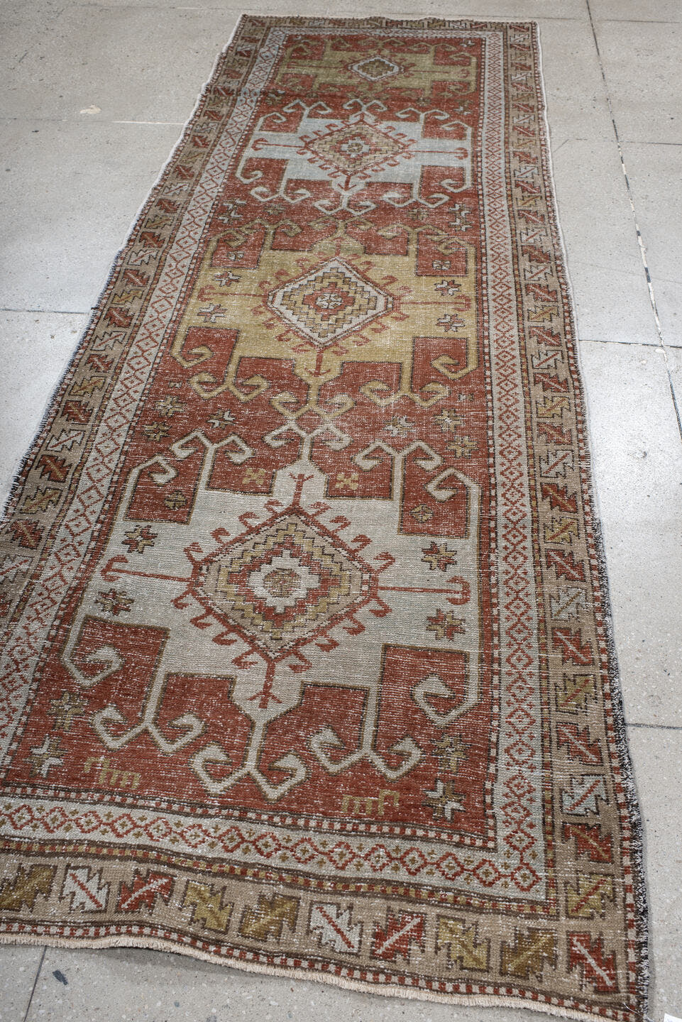 3' x 10' one-of-a-kind handmade vintage NW Persian runner rug. Color palette: rust, ivory, olive, taupe, rose, brown