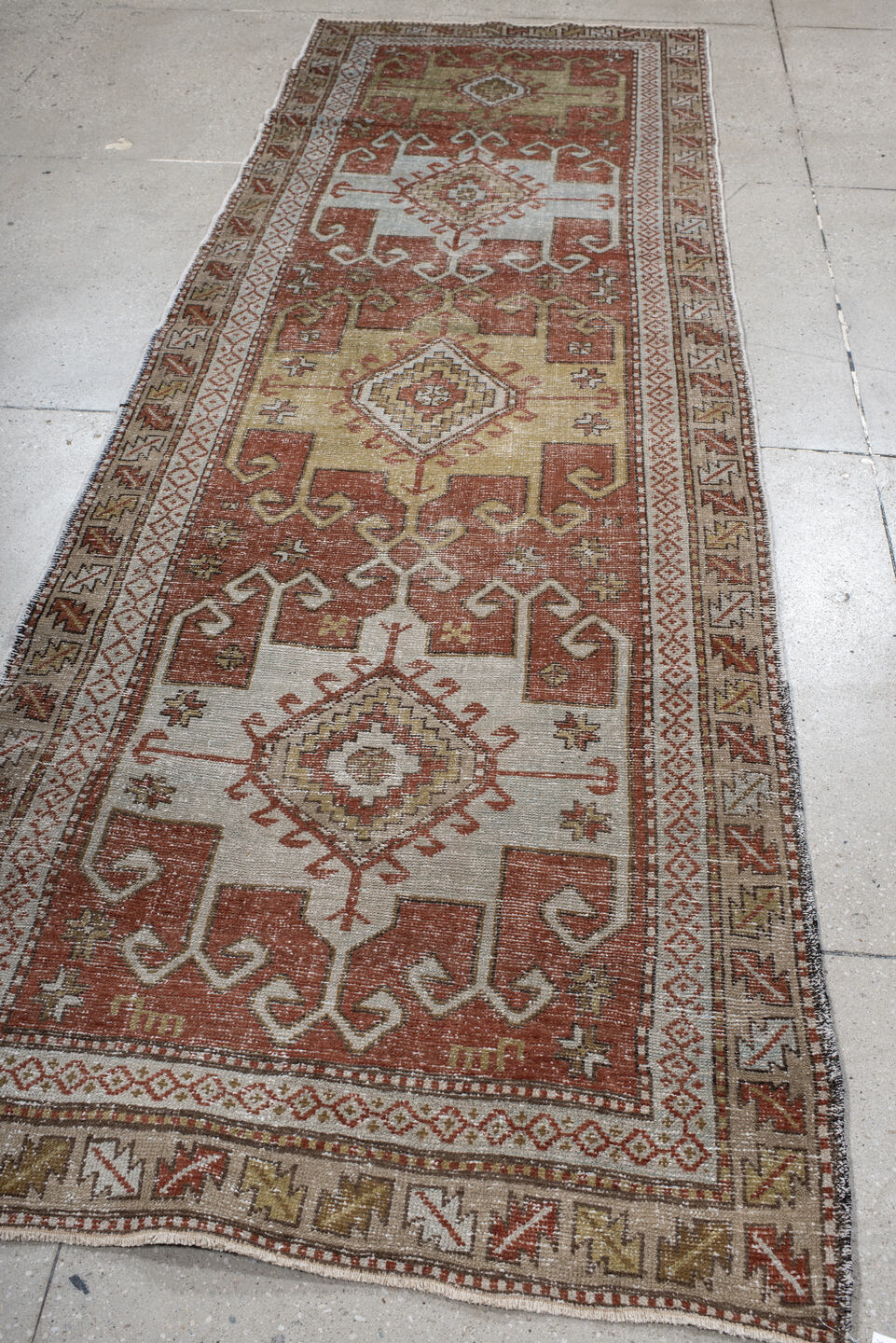3' x 10' one-of-a-kind handmade vintage NW Persian runner rug. Color palette: rust, ivory, olive, taupe, rose, brown