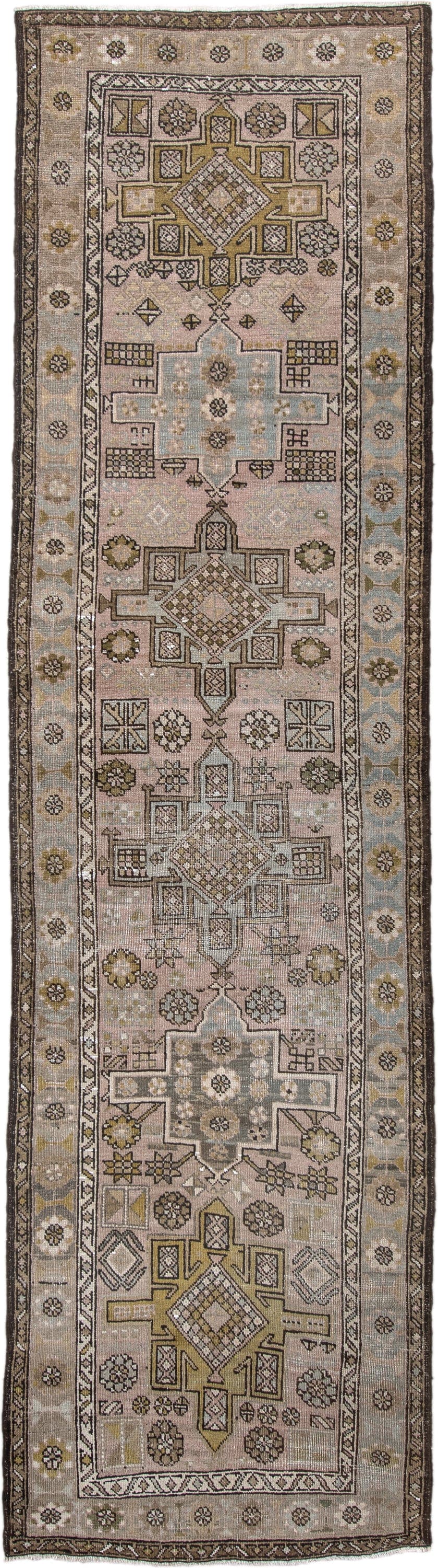 3' x 11' one-of-a-kind handmade vintage NW Persian runner rug. Color palette: taupe, ivory, camel, sage, brown, dusty rose