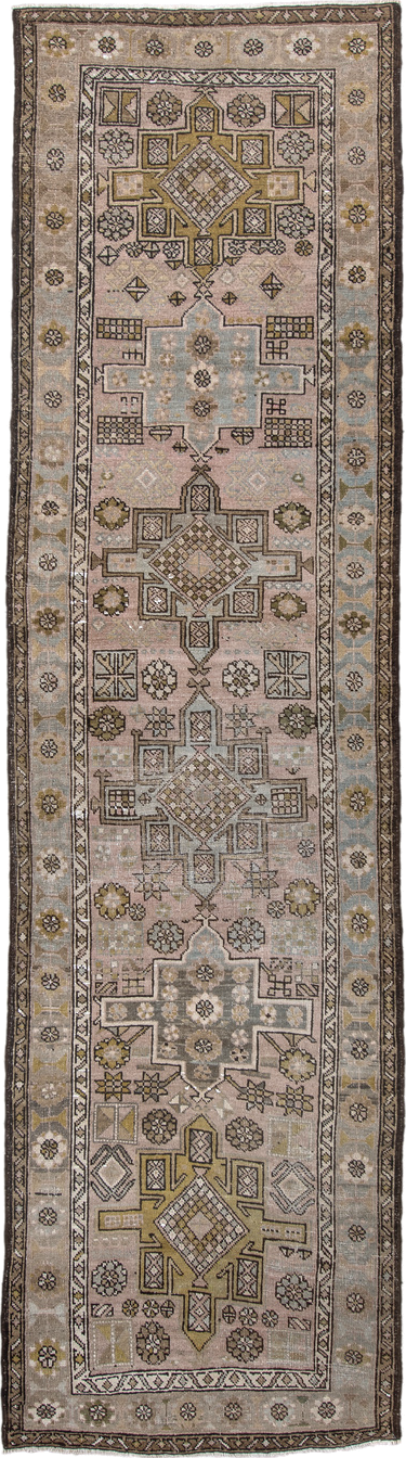 3' x 11' one-of-a-kind handmade vintage NW Persian runner rug. Color palette: taupe, ivory, camel, sage, brown, dusty rose