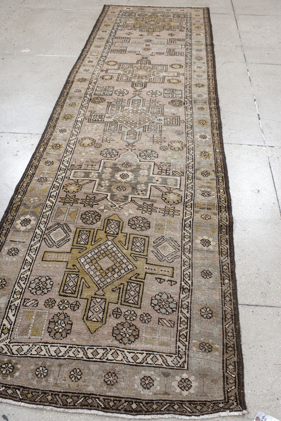 3' x 11' one-of-a-kind handmade vintage NW Persian runner rug. Color palette: taupe, ivory, camel, sage, brown, dusty rose