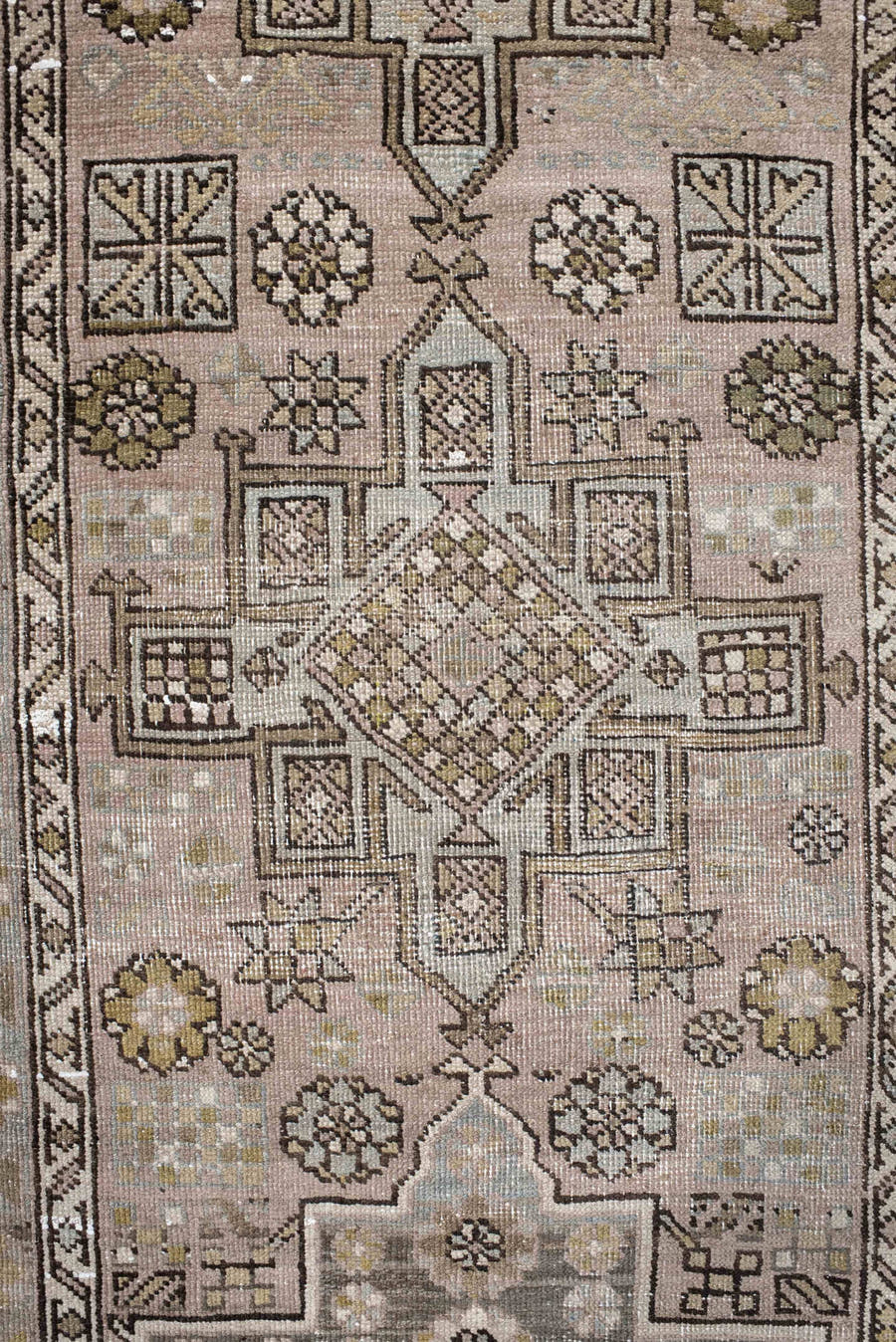 3' x 11' one-of-a-kind handmade vintage NW Persian runner rug. Color palette: taupe, ivory, camel, sage, brown, dusty rose
