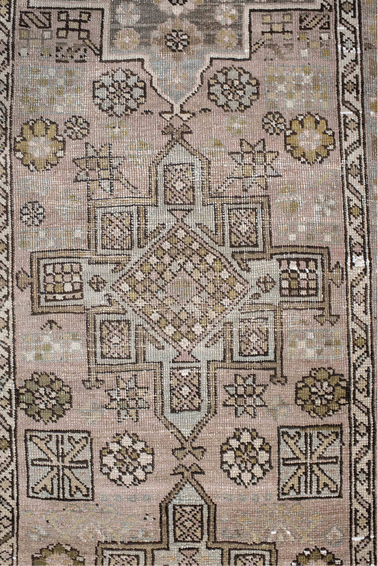 3' x 11' one-of-a-kind handmade vintage NW Persian runner rug. Color palette: taupe, ivory, camel, sage, brown, dusty rose