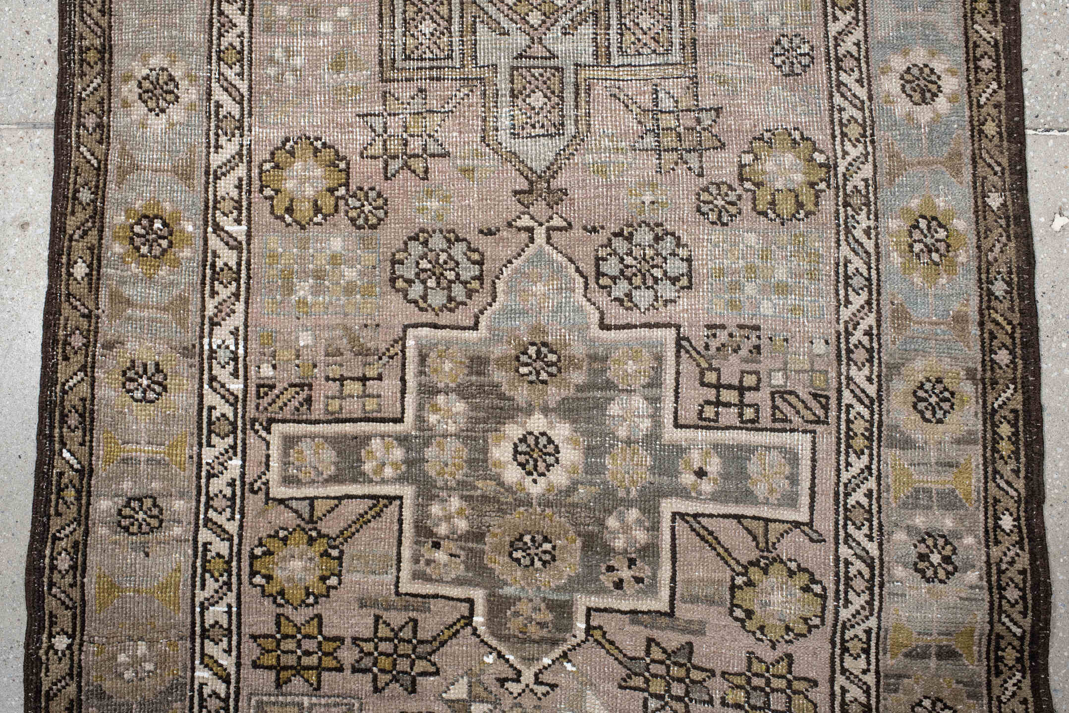 3' x 11' one-of-a-kind handmade vintage NW Persian runner rug. Color palette: taupe, ivory, camel, sage, brown, dusty rose