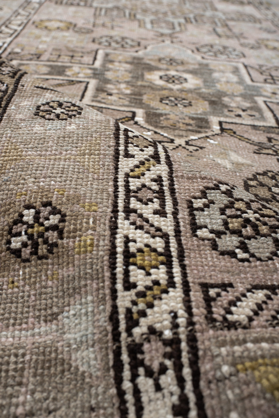 3' x 11' one-of-a-kind handmade vintage NW Persian runner rug. Color palette: taupe, ivory, camel, sage, brown, dusty rose