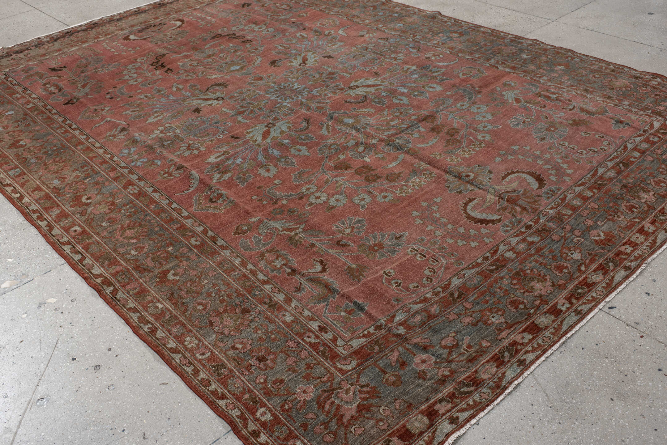 8' x 12' one-of-a-kind handmade vintage Lilian large size rug. Color palette: gray, pink, brown, red, dim gray