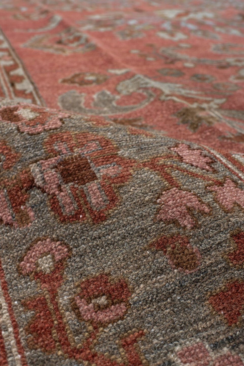 8' x 12' one-of-a-kind handmade vintage Lilian large size rug. Color palette: gray, pink, brown, red, dim gray