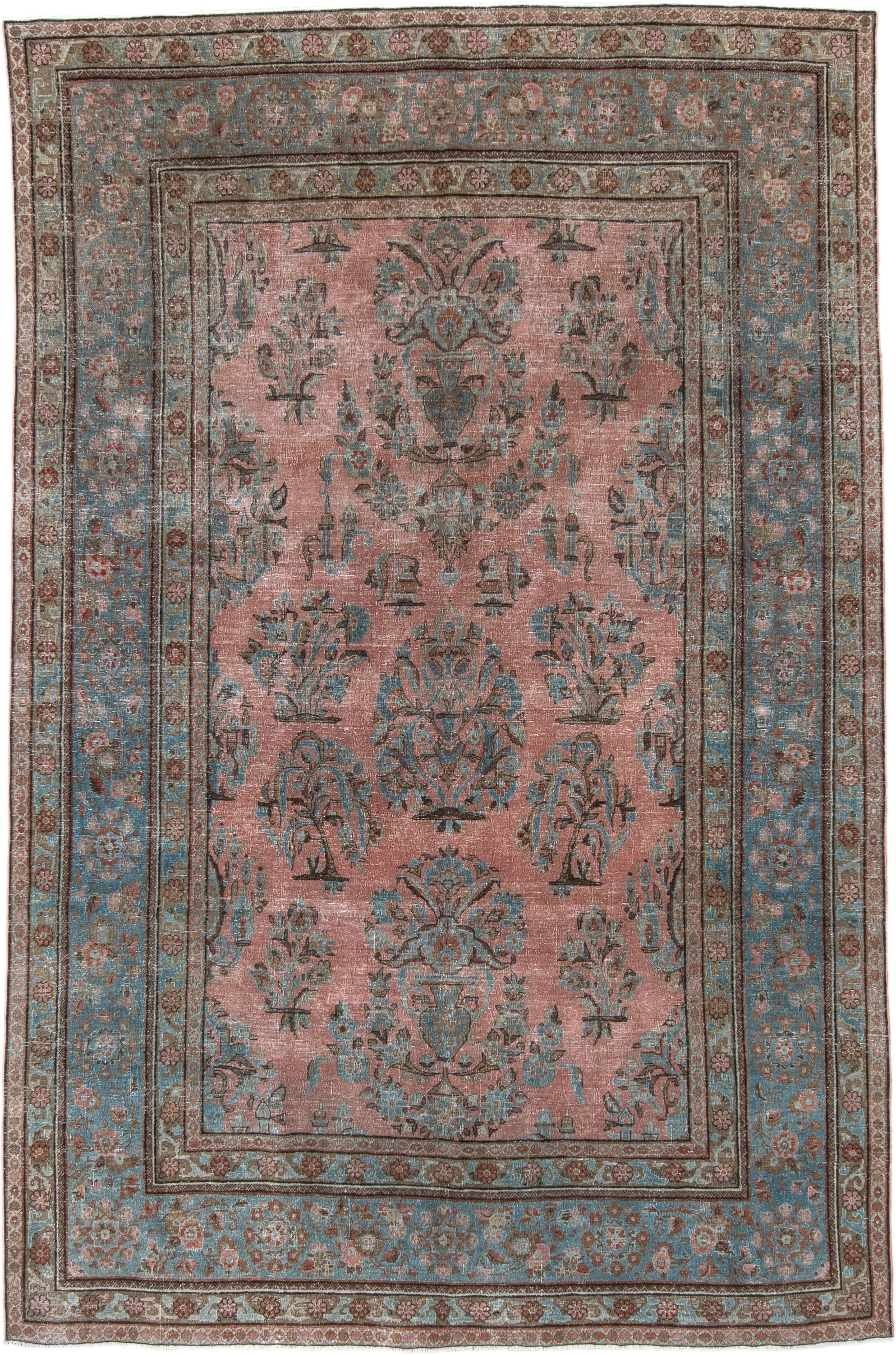5' x 8' one-of-a-kind handmade vintage Kashan medium size rug. Color palette: blush, aqua, ivory, taupe, rose, brown, pink