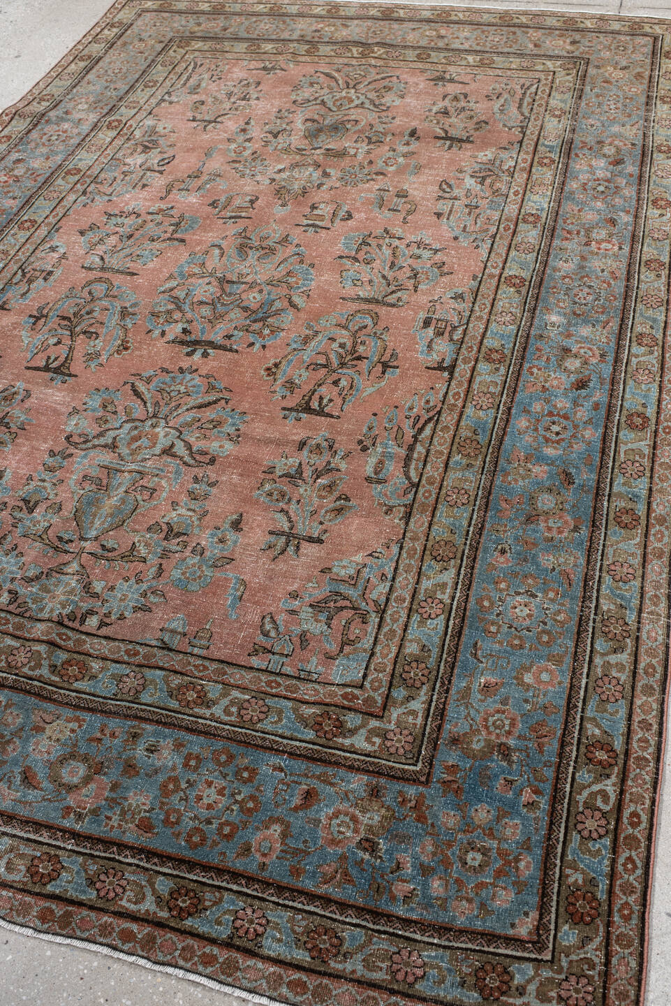 5' x 8' one-of-a-kind handmade vintage Kashan medium size rug. Color palette: pink, gray, brown, light gray, blue, off-white