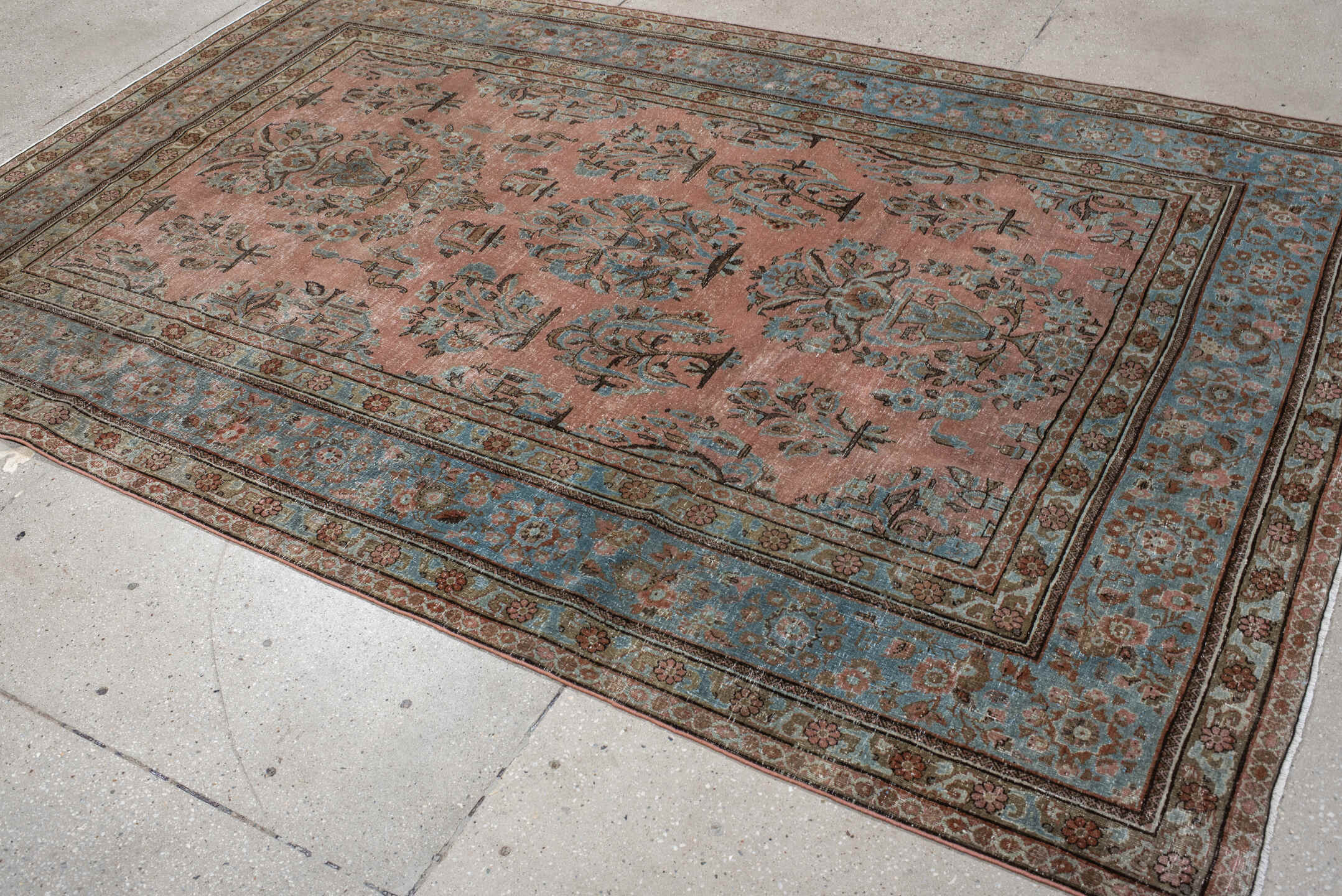 5' x 8' one-of-a-kind handmade vintage Kashan medium size rug. Color palette: pink, gray, brown, light gray, blue, off-white