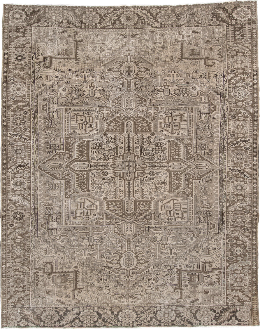 9' x 11' one-of-a-kind handmade vintage Karaje large size rug. Color palette: taupe, brown, ivory, camel, charcoal, beige