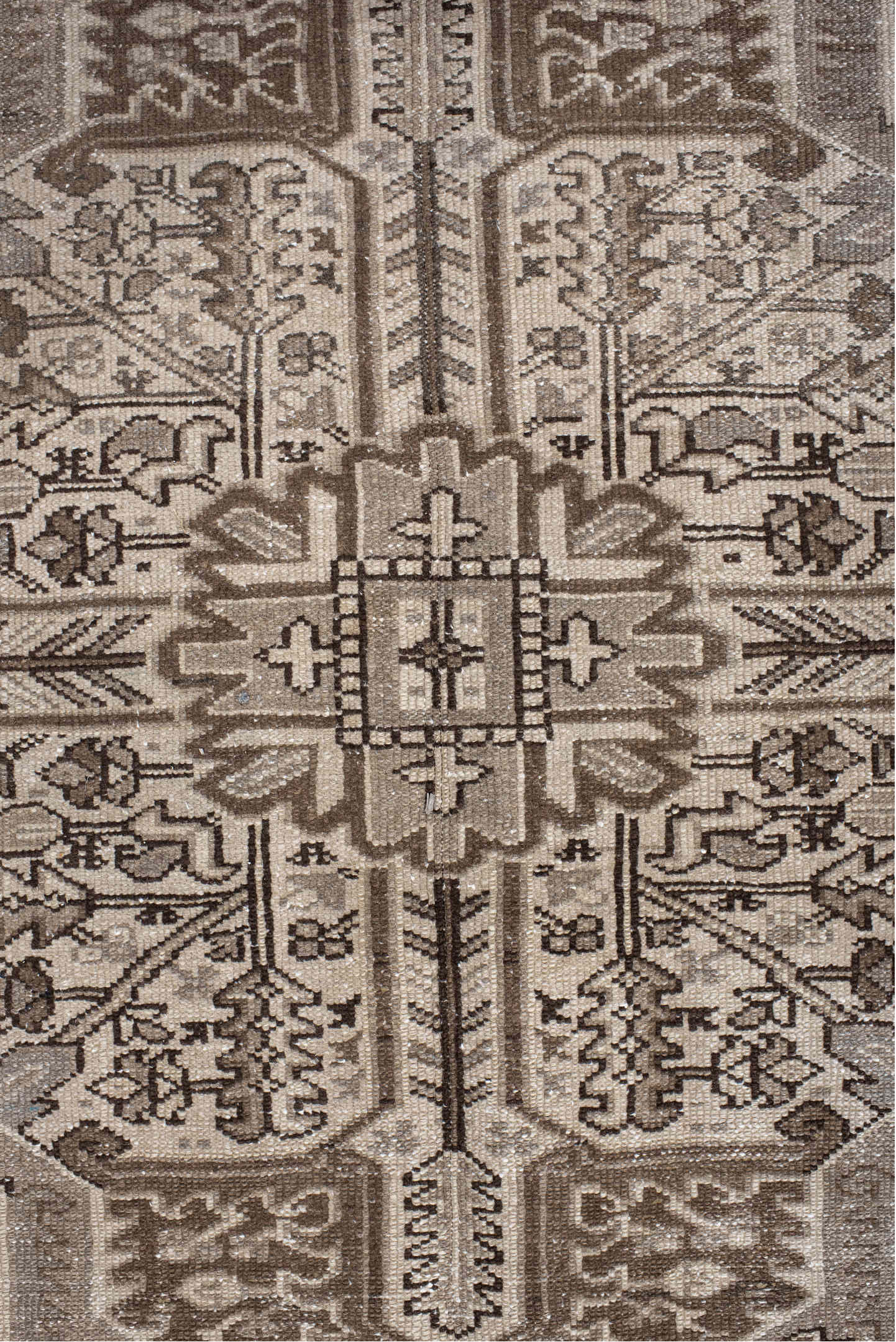 9' x 11' one-of-a-kind handmade vintage Karaje large size rug. Color palette: taupe, brown, ivory, camel, charcoal, beige
