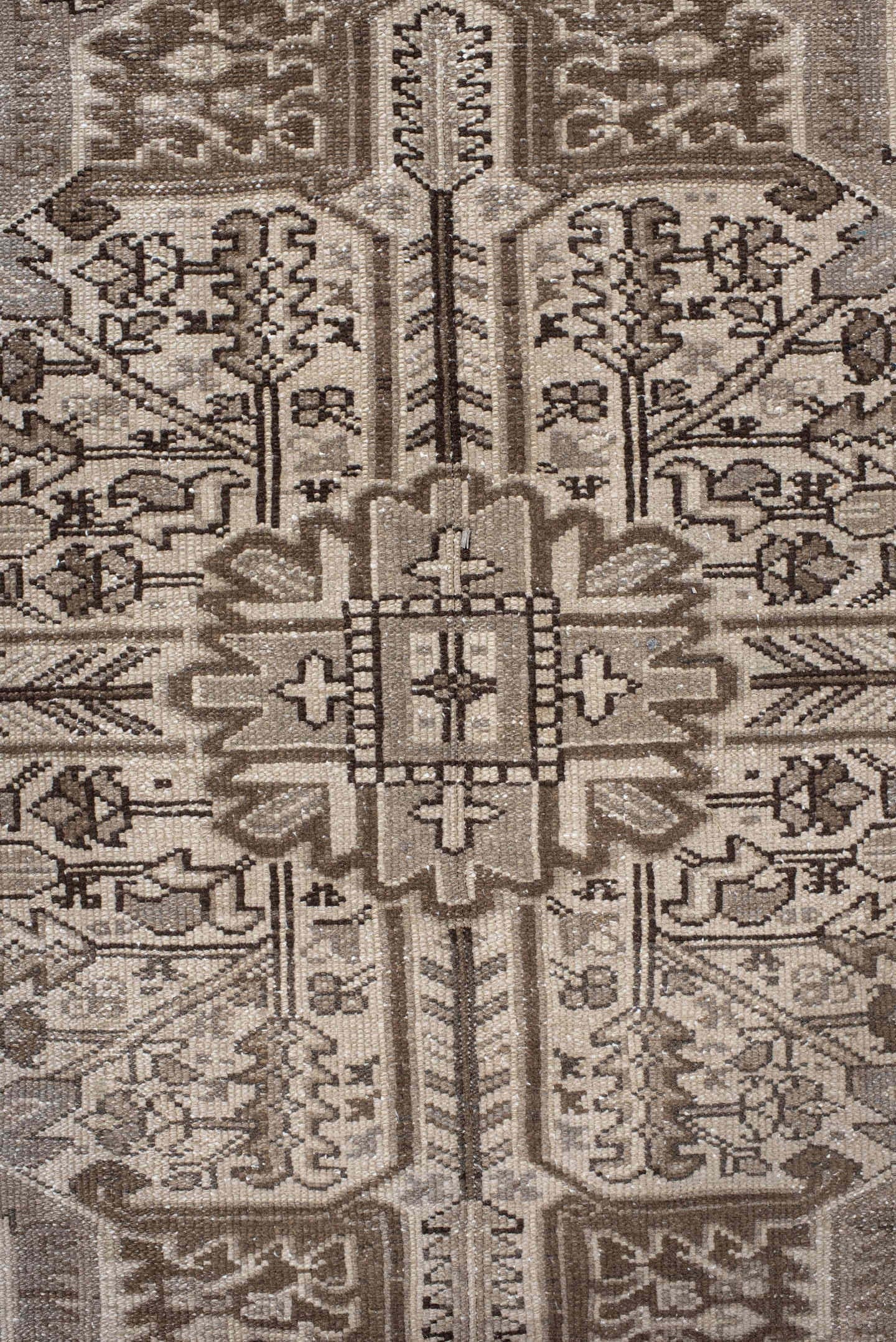 9' x 11' one-of-a-kind handmade vintage Karaje large size rug. Color palette: taupe, brown, ivory, camel, charcoal, beige