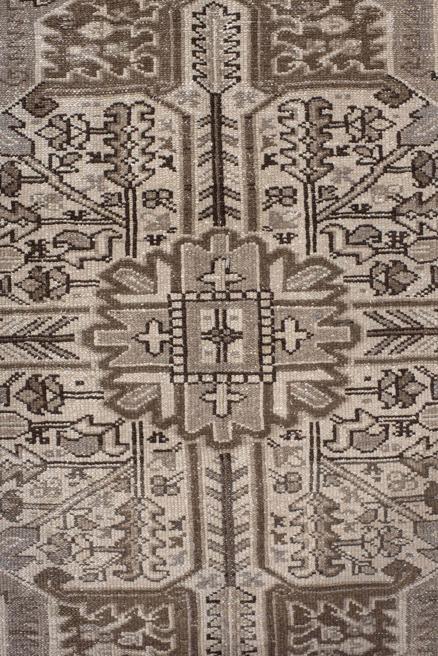 9' x 11' one-of-a-kind handmade vintage Karaje large size rug. Color palette: taupe, brown, ivory, camel, charcoal, beige
