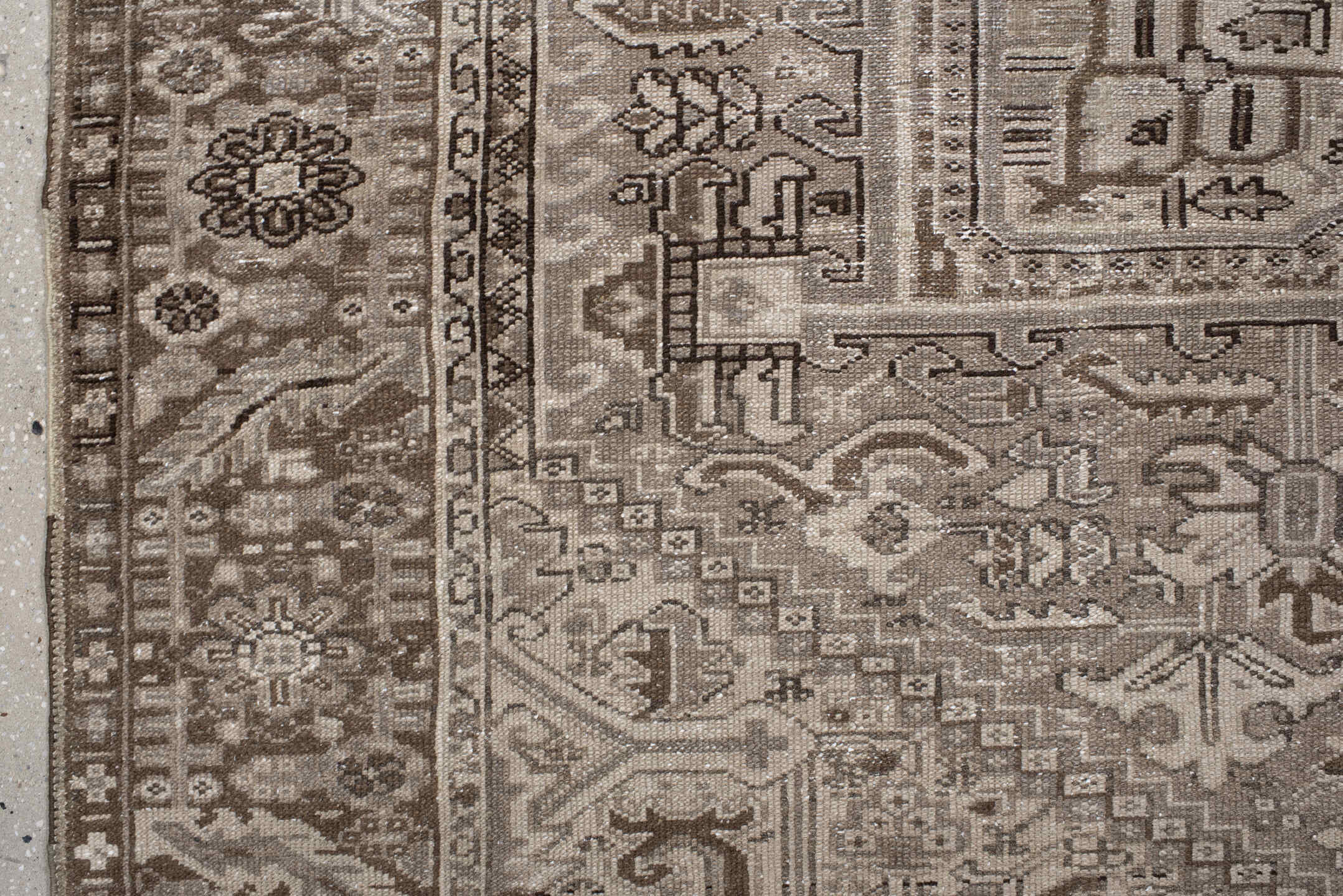 9' x 11' one-of-a-kind handmade vintage Karaje large size rug. Color palette: taupe, brown, ivory, camel, charcoal, beige