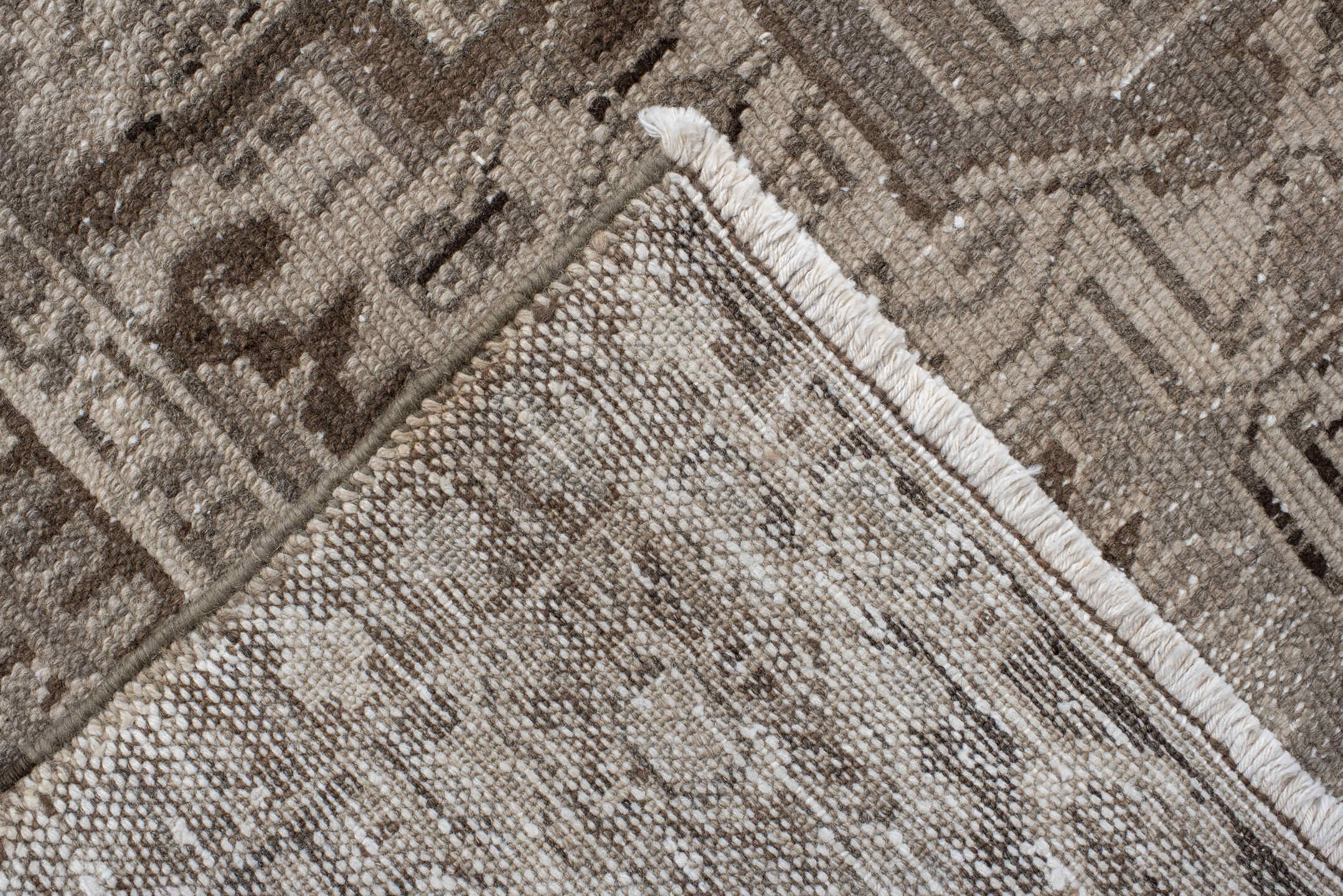 9' x 11' one-of-a-kind handmade vintage Karaje large size rug. Color palette: taupe, brown, ivory, camel, charcoal, beige
