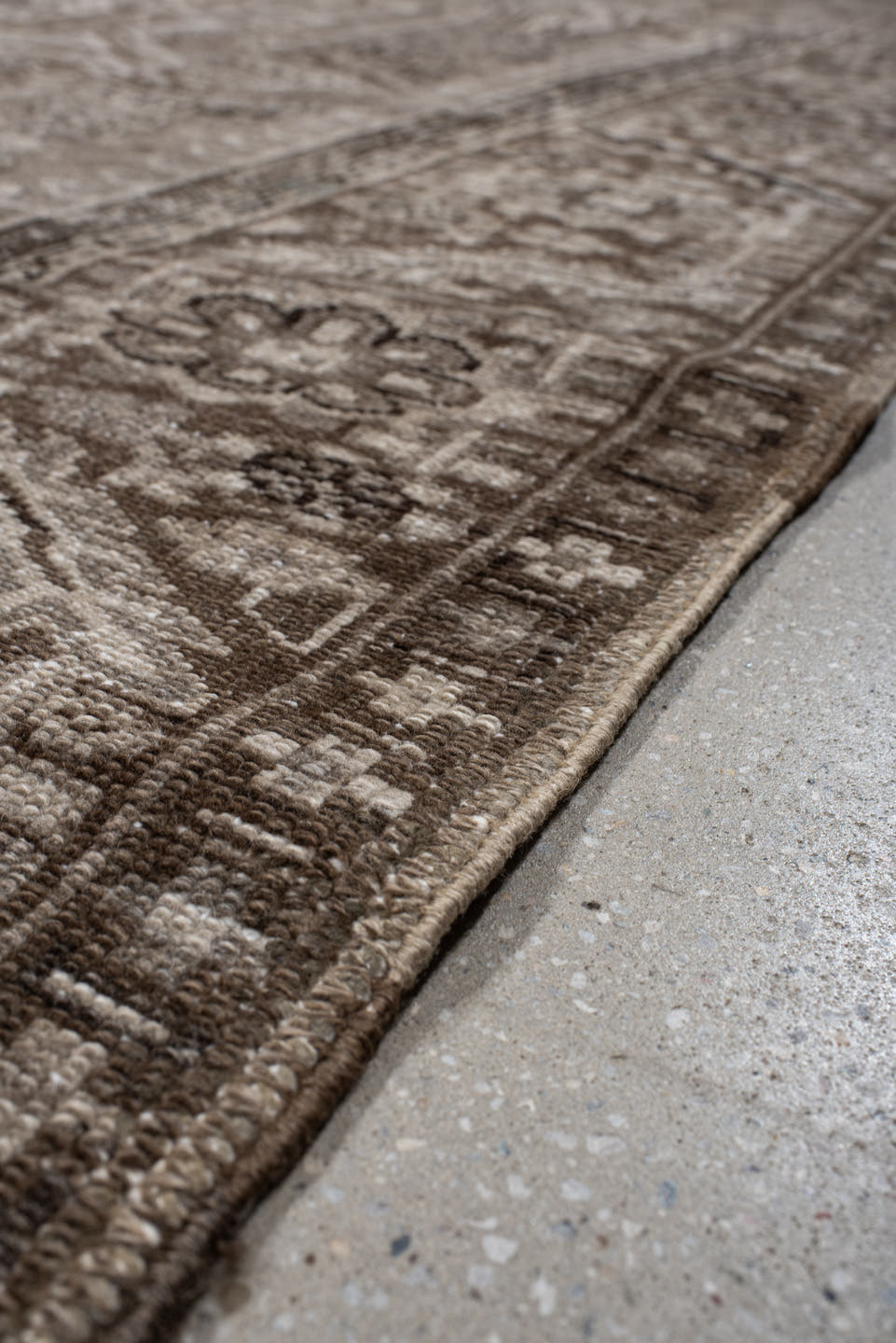 9' x 11' one-of-a-kind handmade vintage Karaje large size rug. Color palette: taupe, brown, ivory, camel, charcoal, beige
