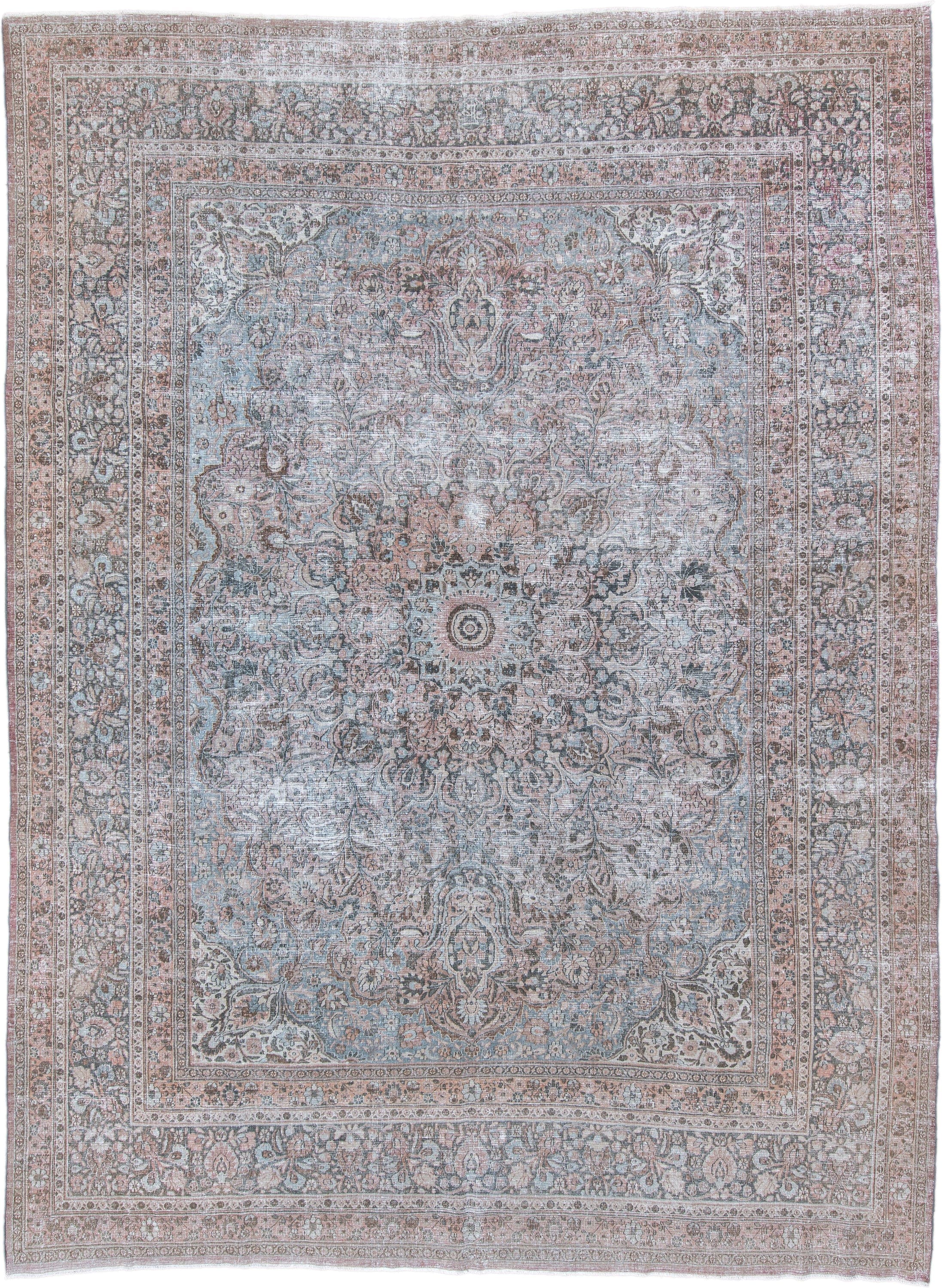 10' x 13' one-of-a-kind handmade antique Khorassan large size rug. Color palette: pale blue, blush, ivory, taupe, rose