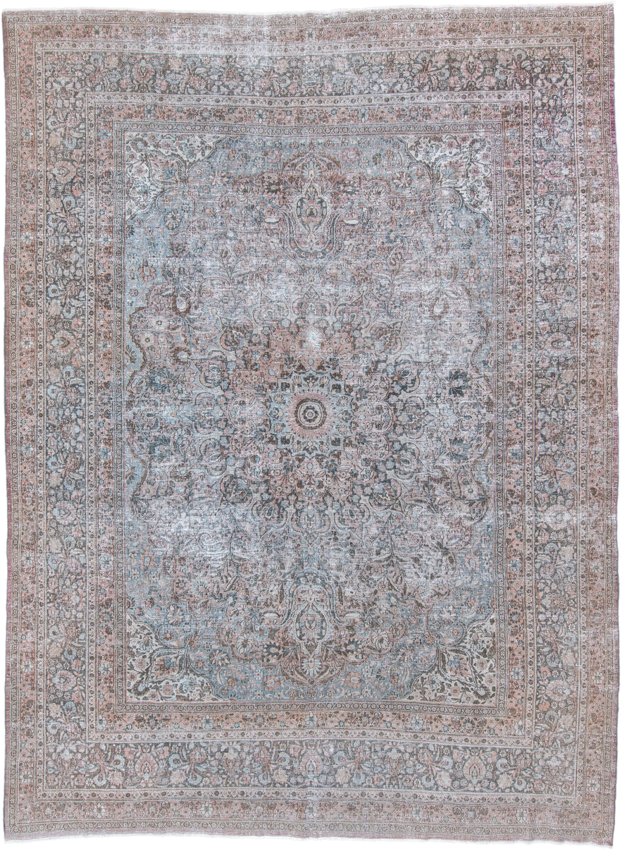 10' x 13' one-of-a-kind handmade antique Khorassan large size rug. Color palette: pale blue, blush, ivory, taupe, rose