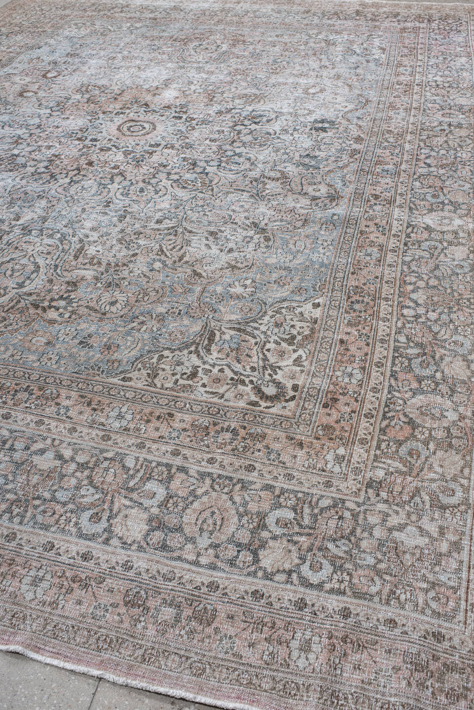 10' x 13' one-of-a-kind handmade antique Khorassan large size rug. Color palette: pale blue, blush, ivory, taupe, rose
