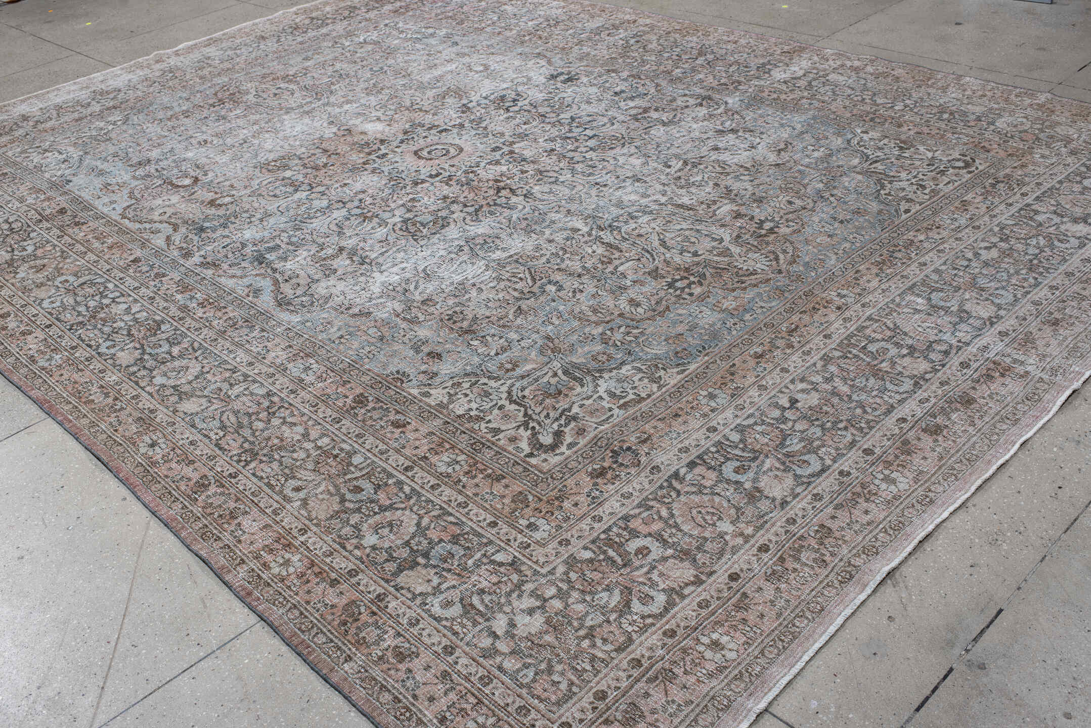 10' x 13' one-of-a-kind handmade antique Khorassan large size rug. Color palette: pale blue, blush, ivory, taupe, rose