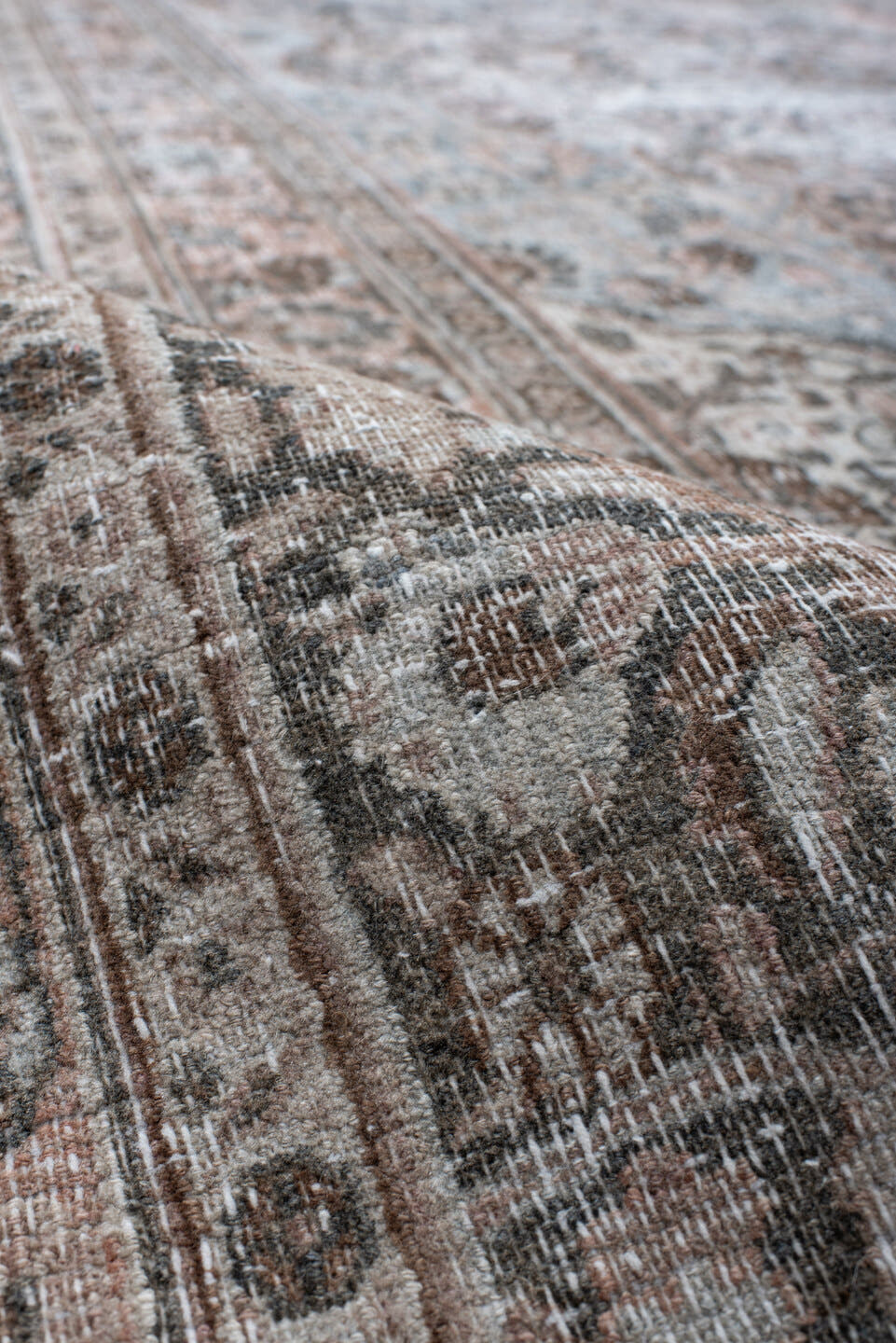 10' x 13' one-of-a-kind handmade antique Khorassan large size rug. Color palette: pale blue, blush, ivory, taupe, rose