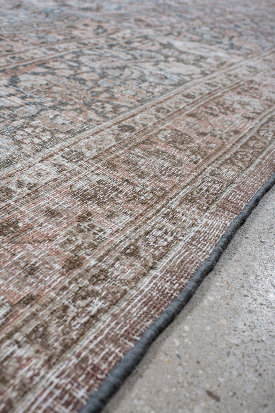 10' x 13' one-of-a-kind handmade antique Khorassan large size rug. Color palette: pale blue, blush, ivory, taupe, rose
