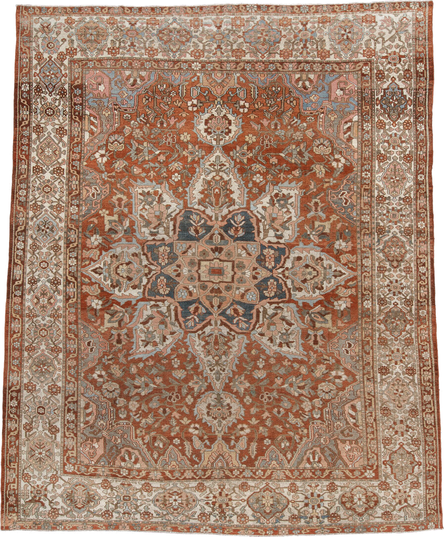 10' x 13' one-of-a-kind handmade vintage Baktiary large size rug. Color palette: rust, ivory, dusty_blue, rose, taupe, camel