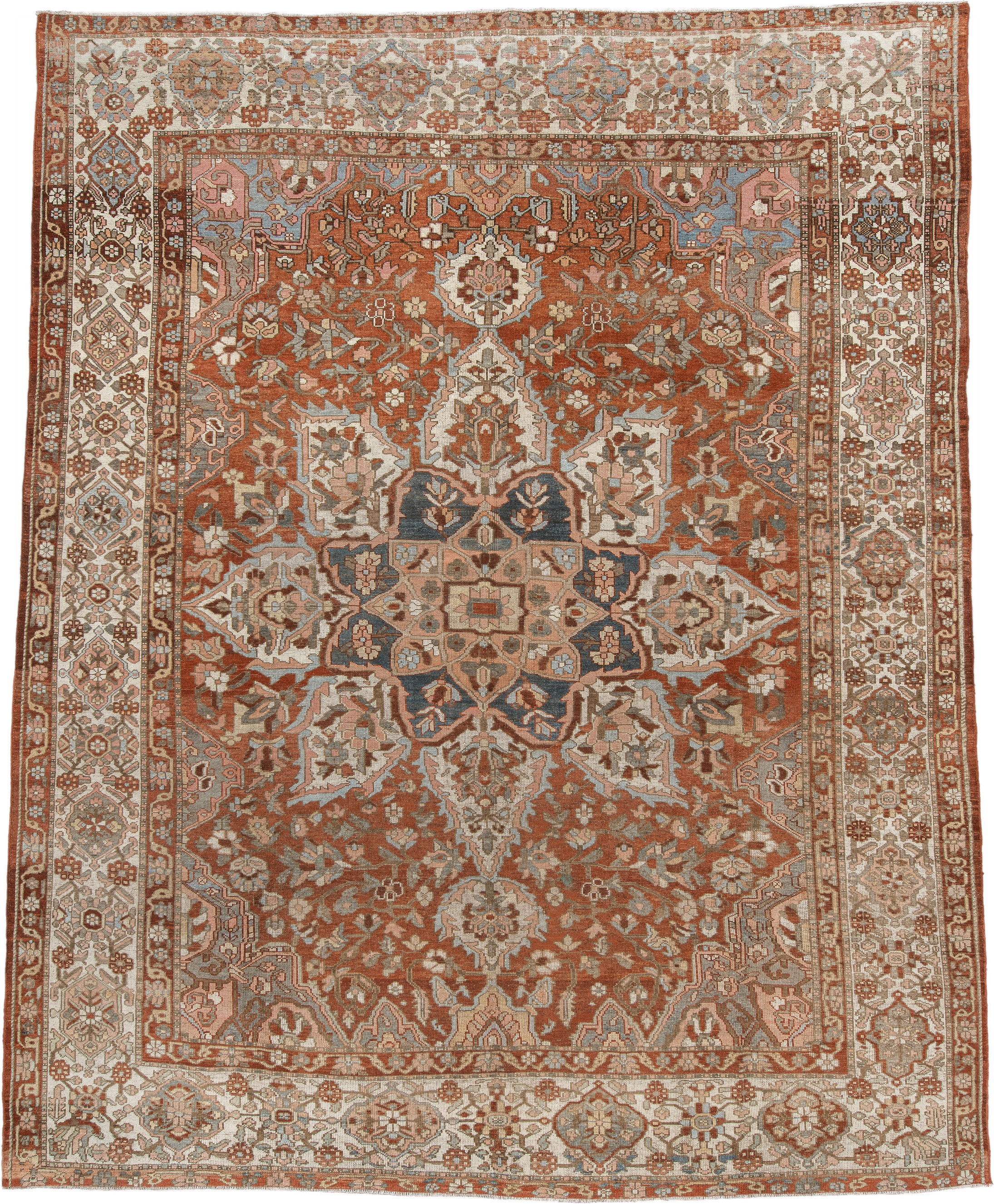 10' x 13' one-of-a-kind handmade vintage Baktiary large size rug. Color palette: rust, ivory, dusty_blue, rose, taupe, camel