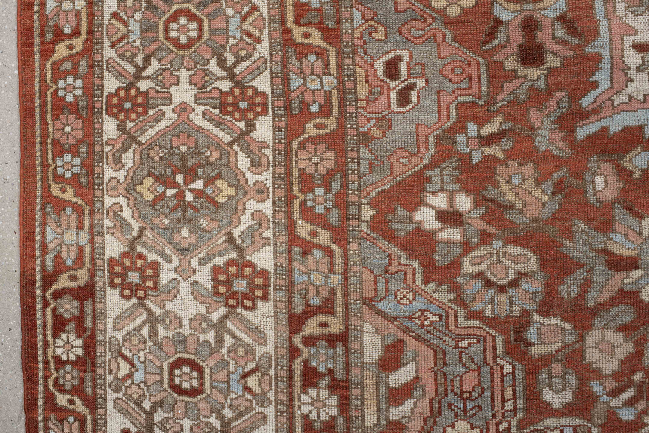 10' x 13' one-of-a-kind handmade vintage Baktiary large size rug. Color palette: rust, ivory, dusty_blue, rose, taupe, camel