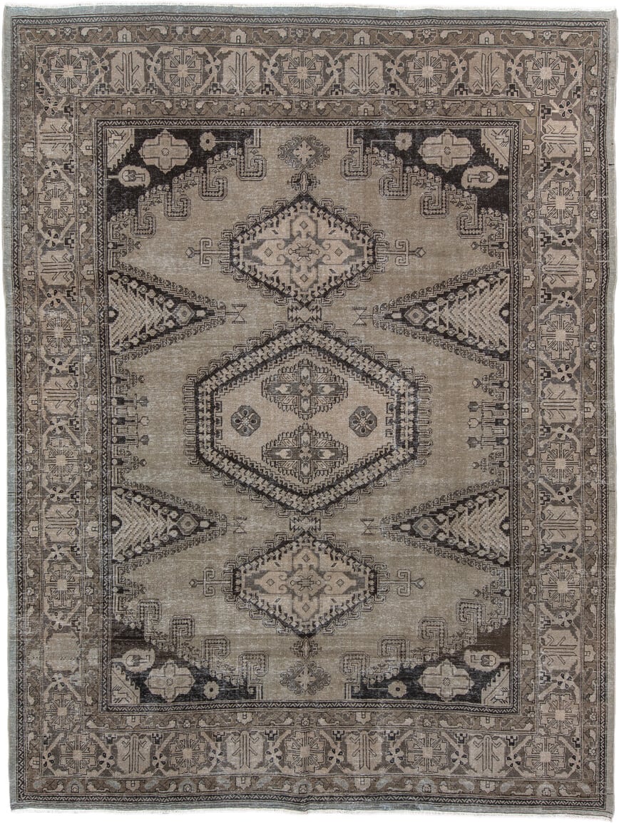 8' x 11' one-of-a-kind handmade vintage Veece large size rug. Color palette: taupe, charcoal, ivory, brown, greige, beige