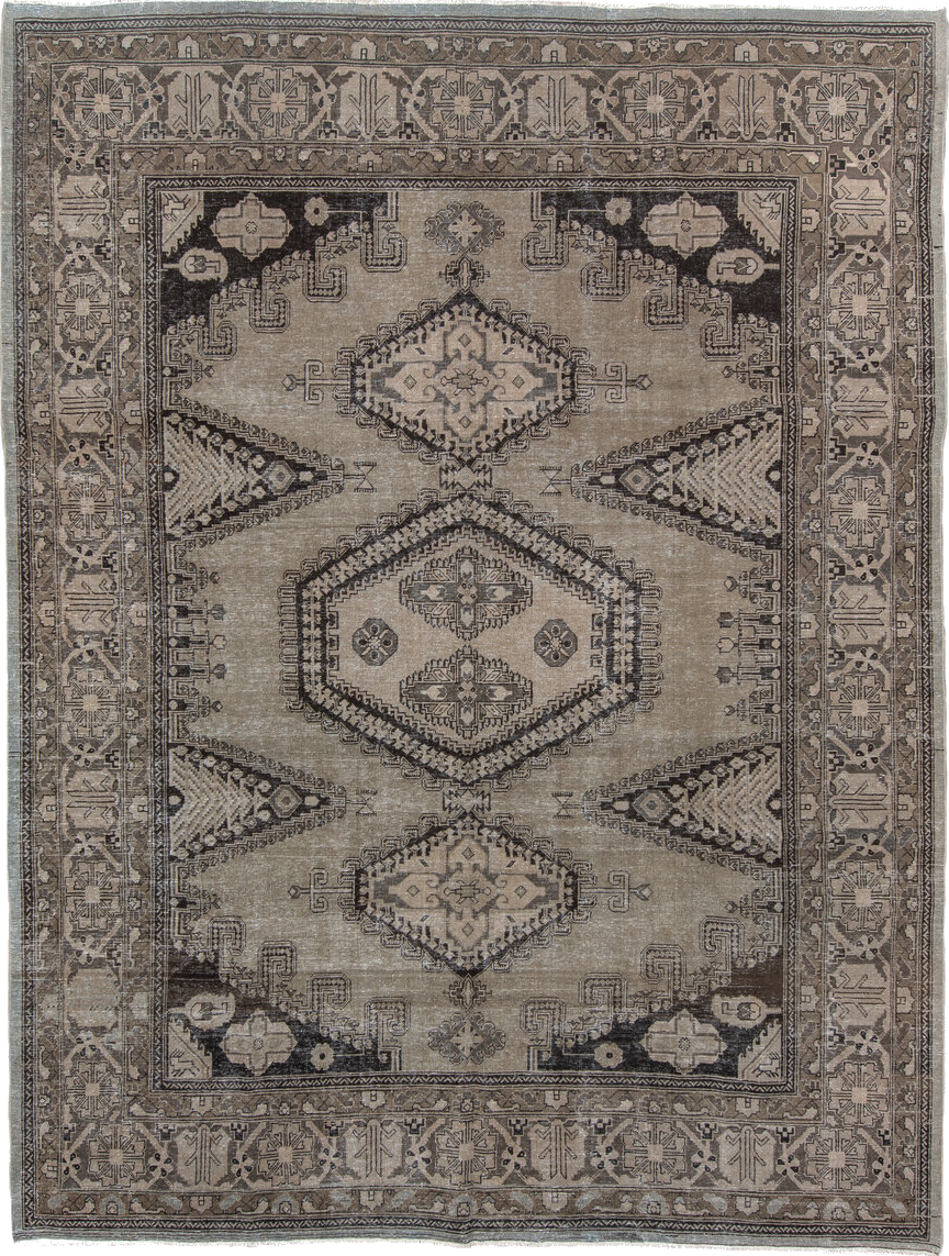 8' x 11' one-of-a-kind handmade vintage Veece large size rug. Color palette: black, brown, charcoal, dark gray, gray