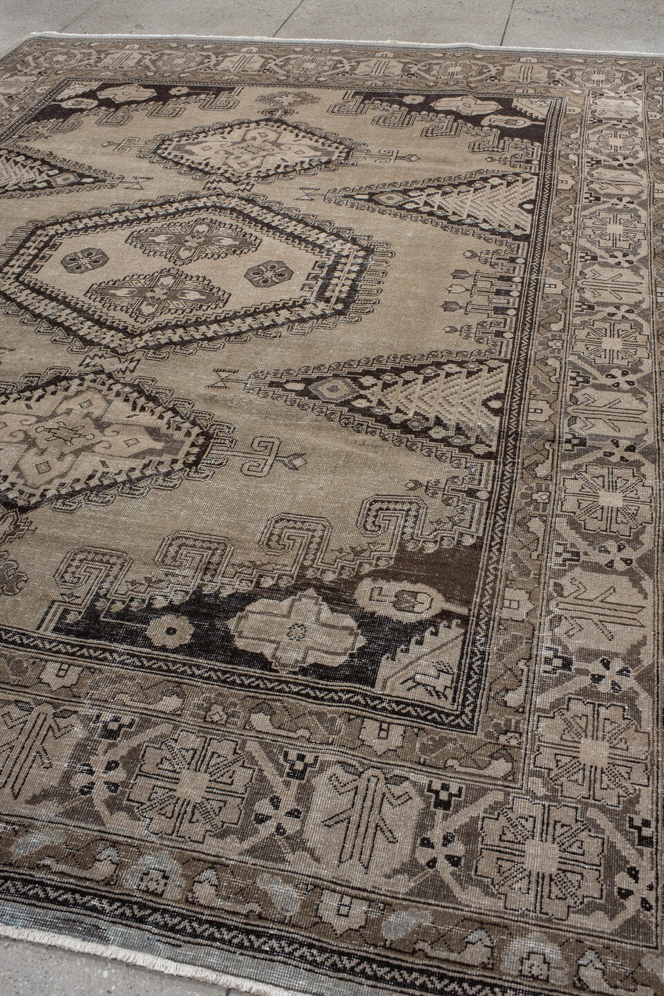 8' x 11' one-of-a-kind handmade vintage Veece large size rug. Color palette: taupe, charcoal, ivory, brown, greige, beige