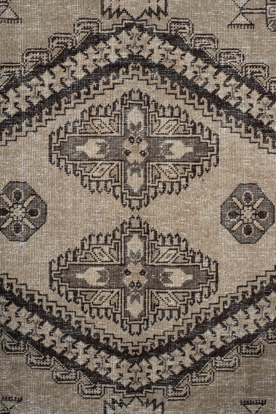 8' x 11' one-of-a-kind handmade vintage Veece large size rug. Color palette: taupe, charcoal, ivory, brown, greige, beige