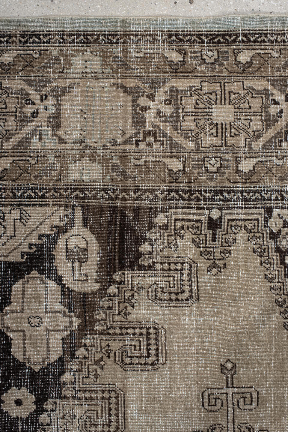 8' x 11' one-of-a-kind handmade vintage Veece large size rug. Color palette: taupe, charcoal, ivory, brown, greige, beige