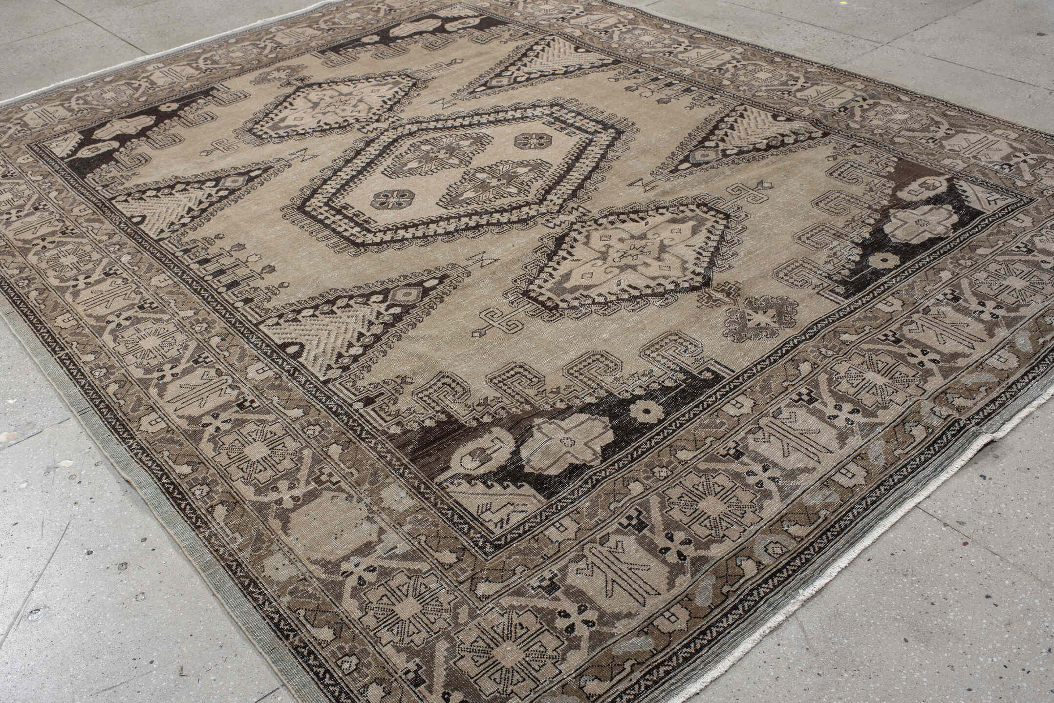 8' x 11' one-of-a-kind handmade vintage Veece large size rug. Color palette: taupe, charcoal, ivory, brown, greige, beige