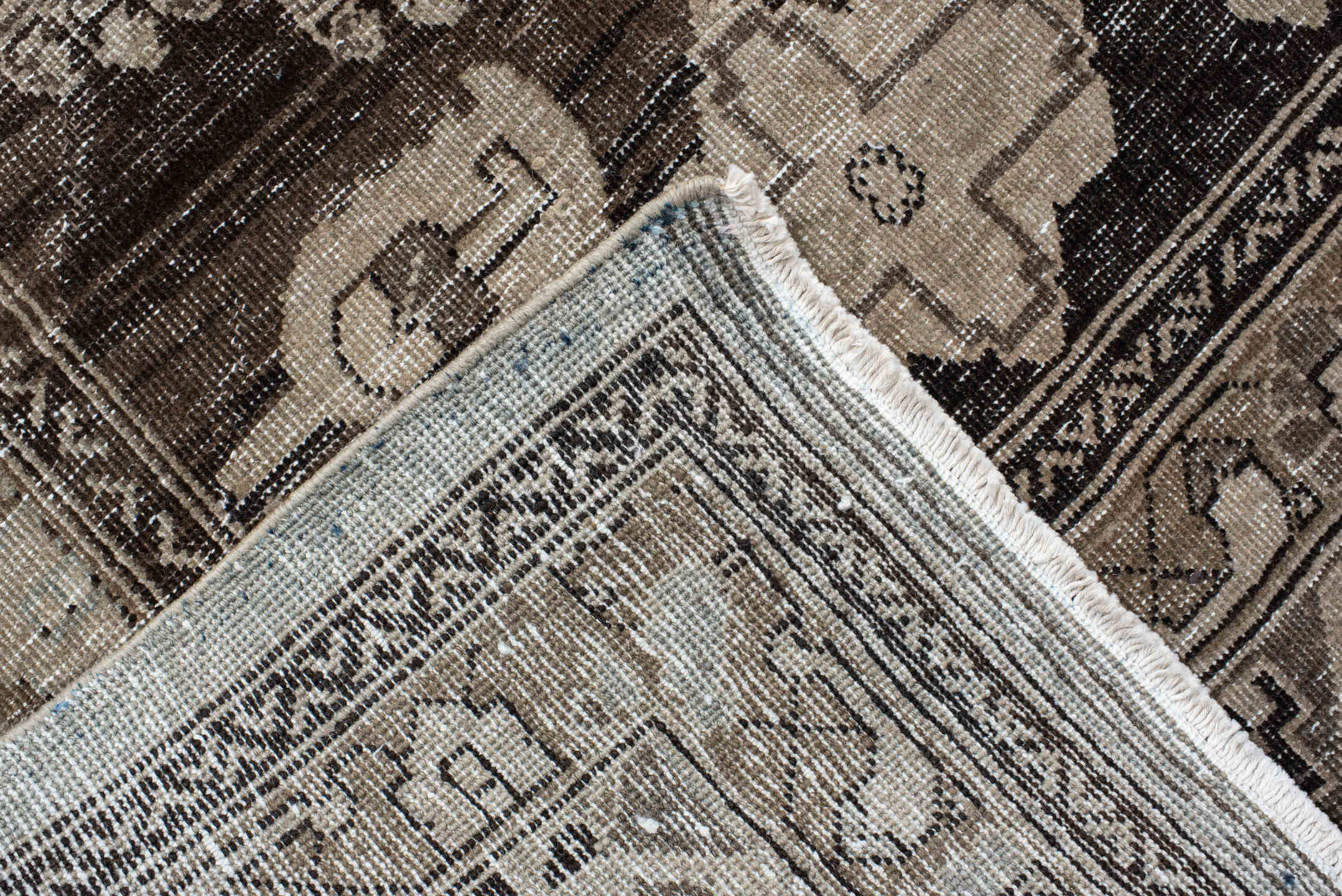 8' x 11' one-of-a-kind handmade vintage Veece large size rug. Color palette: taupe, charcoal, ivory, brown, greige, beige