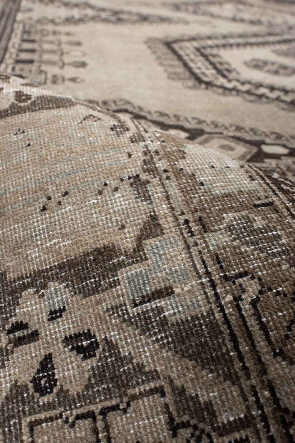 8' x 11' one-of-a-kind handmade vintage Veece large size rug. Color palette: taupe, charcoal, ivory, brown, greige, beige