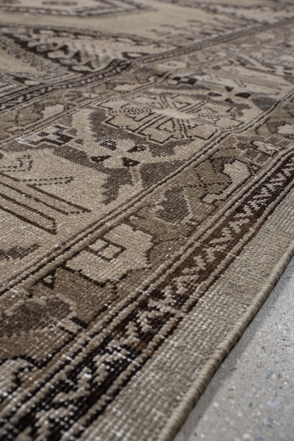 8' x 11' one-of-a-kind handmade vintage Veece large size rug. Color palette: taupe, charcoal, ivory, brown, greige, beige