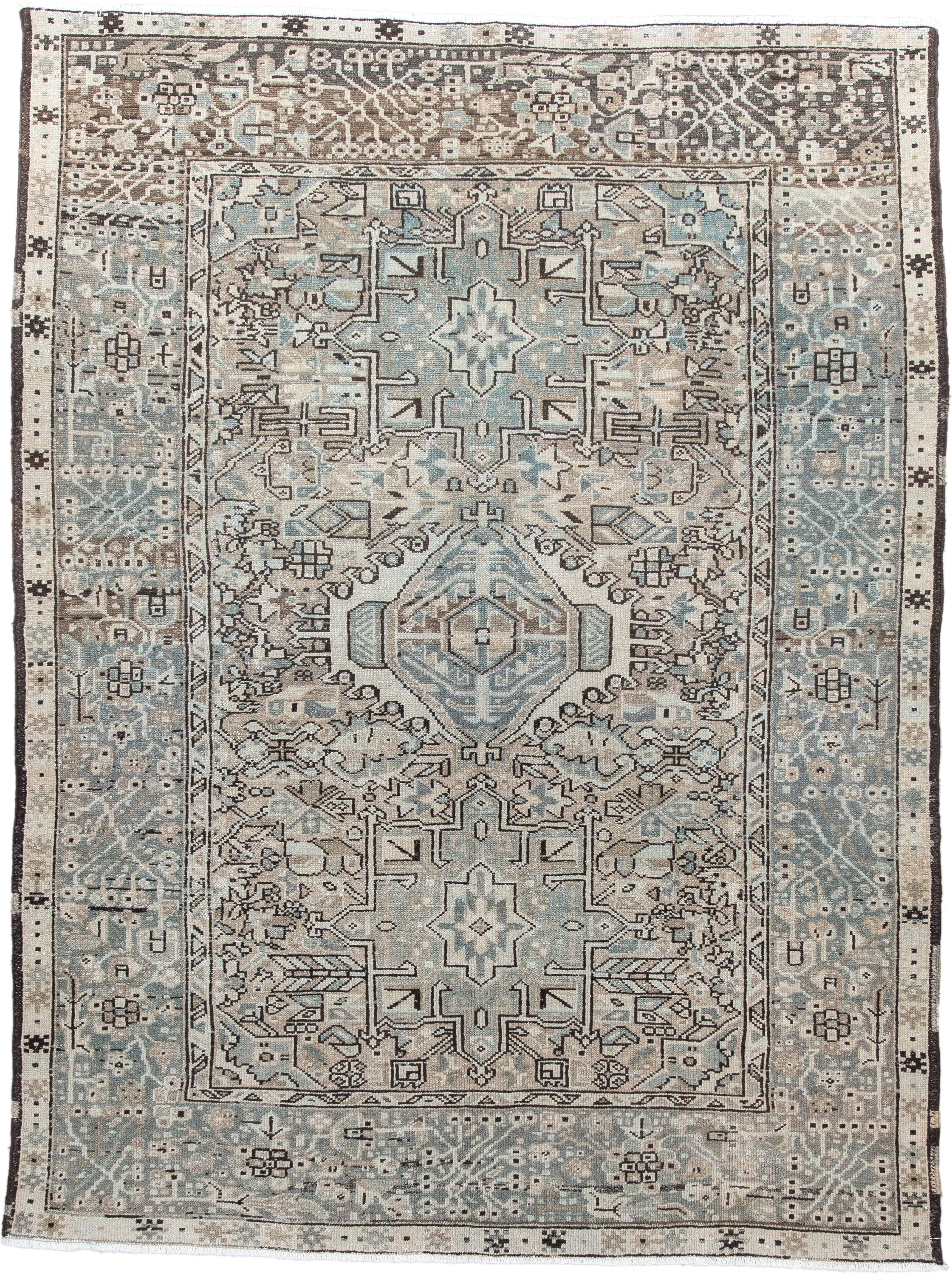5' x 6' one-of-a-kind handmade vintage Karaje rug. Color palette: ivory, pale blue, taupe, charcoal, beige, slate