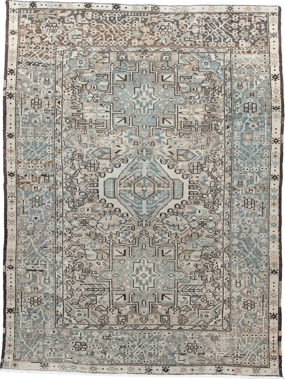 5' x 6' one-of-a-kind handmade vintage Karaje rug. Color palette: ivory, pale blue, taupe, charcoal, beige, slate
