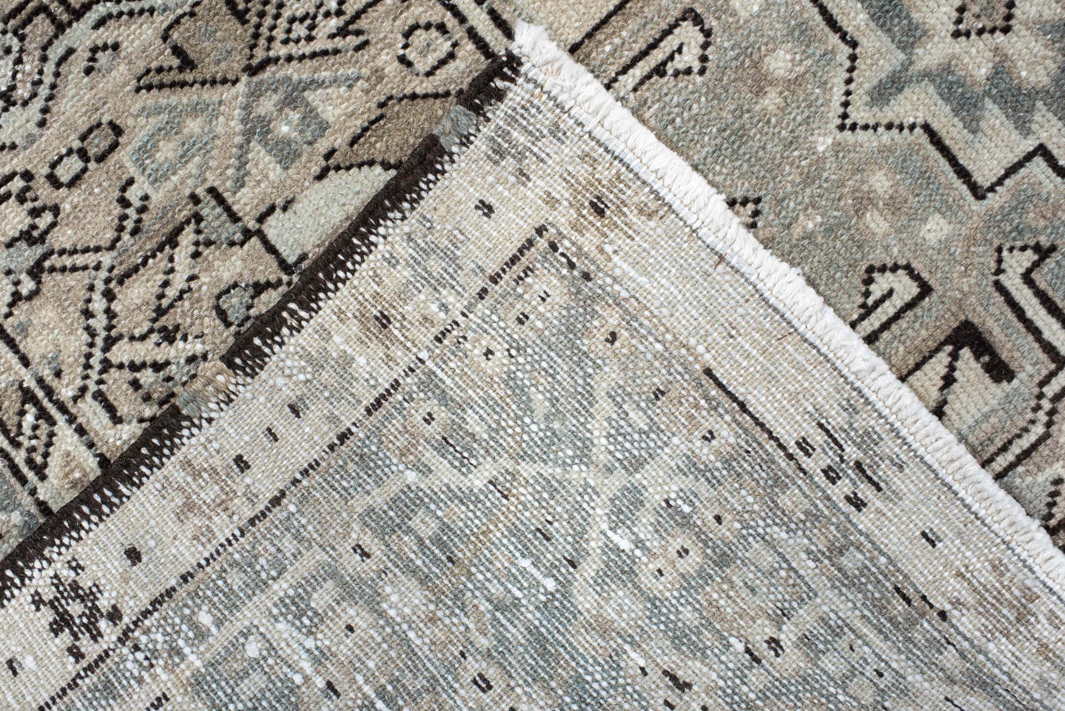 5' x 6' one-of-a-kind handmade vintage Karaje rug. Color palette: ivory, pale blue, taupe, charcoal, beige, slate