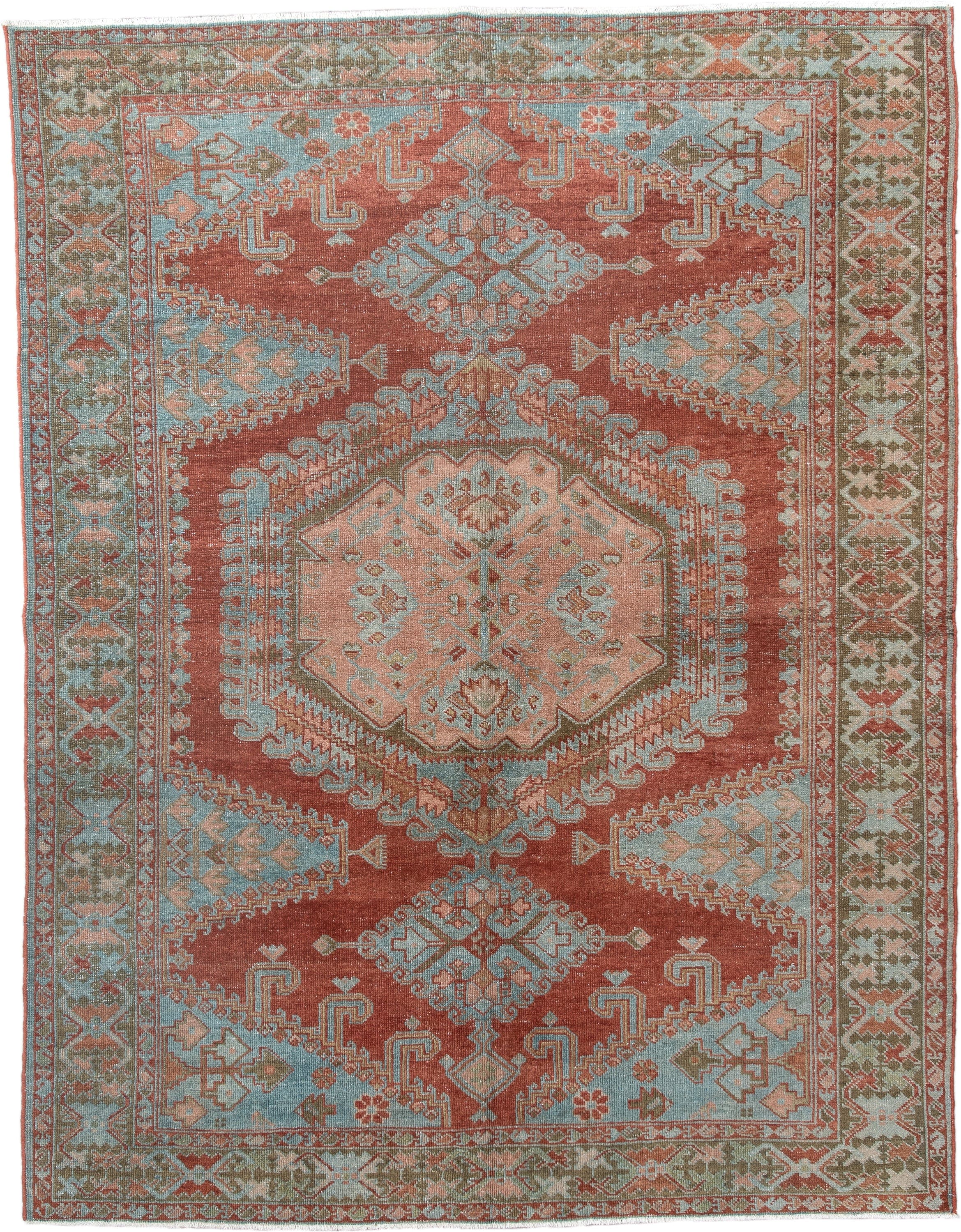 5' x 6' one-of-a-kind handmade vintage Veece rug. Color palette: terra cotta, pale blue, sage, ivory, rose, olive