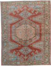5' x 6' one-of-a-kind handmade vintage Veece rug. Color palette: terra cotta, pale blue, sage, ivory, rose, olive