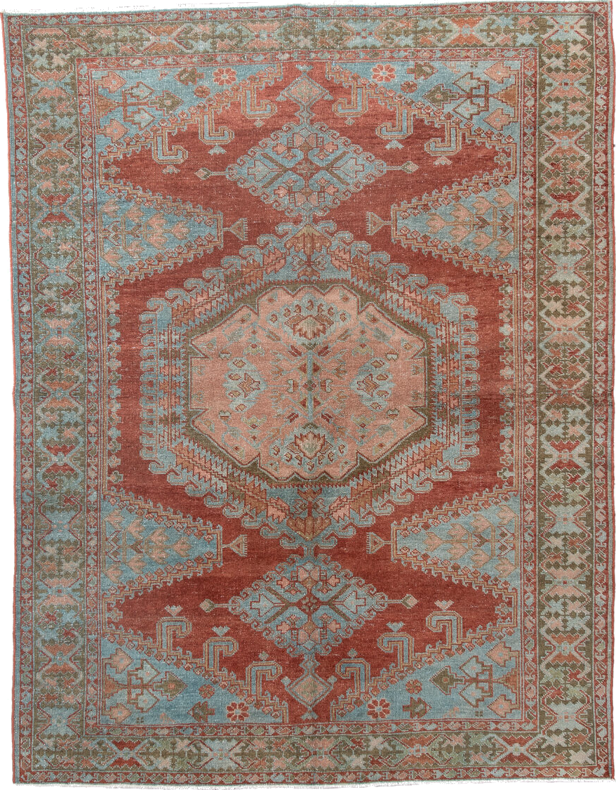 5' x 6' one-of-a-kind handmade vintage Veece rug. Color palette: brown, dark gray, gray, light gray, off-white, pink, red