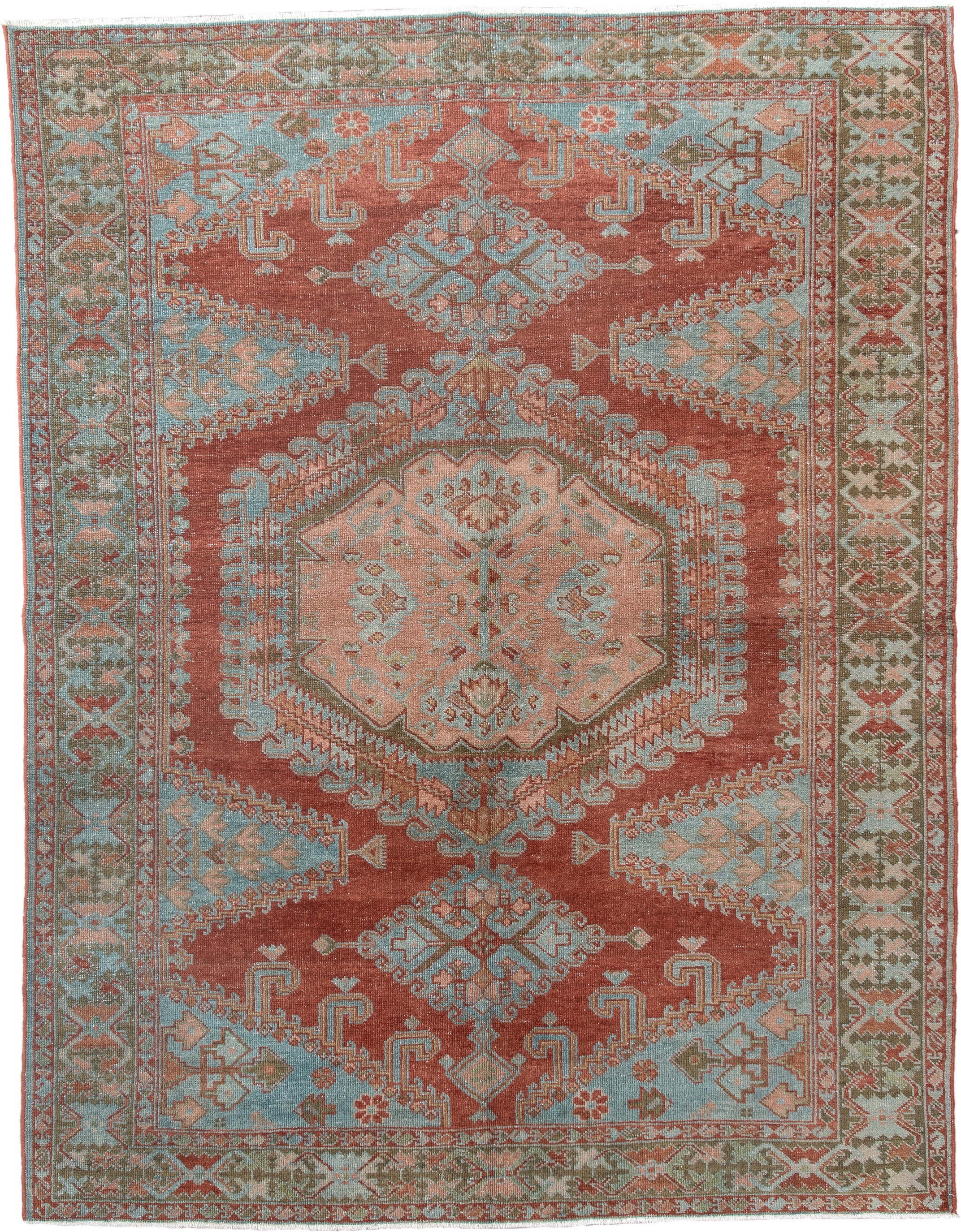 5' x 6' one-of-a-kind handmade vintage Veece rug. Color palette: terra cotta, pale blue, sage, ivory, rose, olive