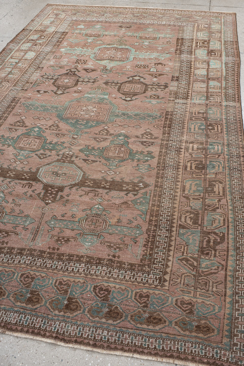6' x 10' one-of-a-kind handmade vintage Belouch large size rug. Color palette: gray, light gray, brown, off-white, pink